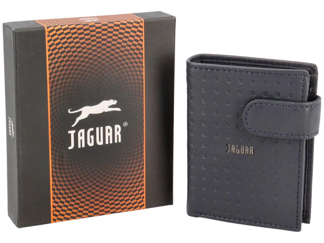 Portafoglio da uomo in pelle stampata blu, scomparti per carte, e portamonete con chiusura a bottoncino, 8x10 cm - Jaguar