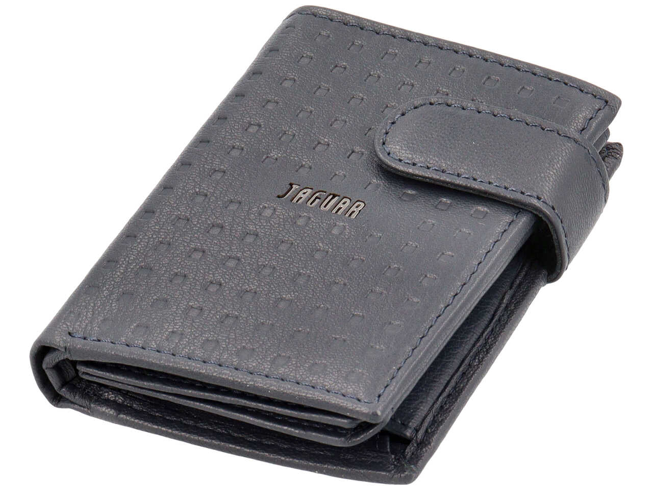 Portafoglio da uomo in pelle stampata blu, scomparti per carte, e portamonete con chiusura a bottoncino, 8x10 cm - Jaguar