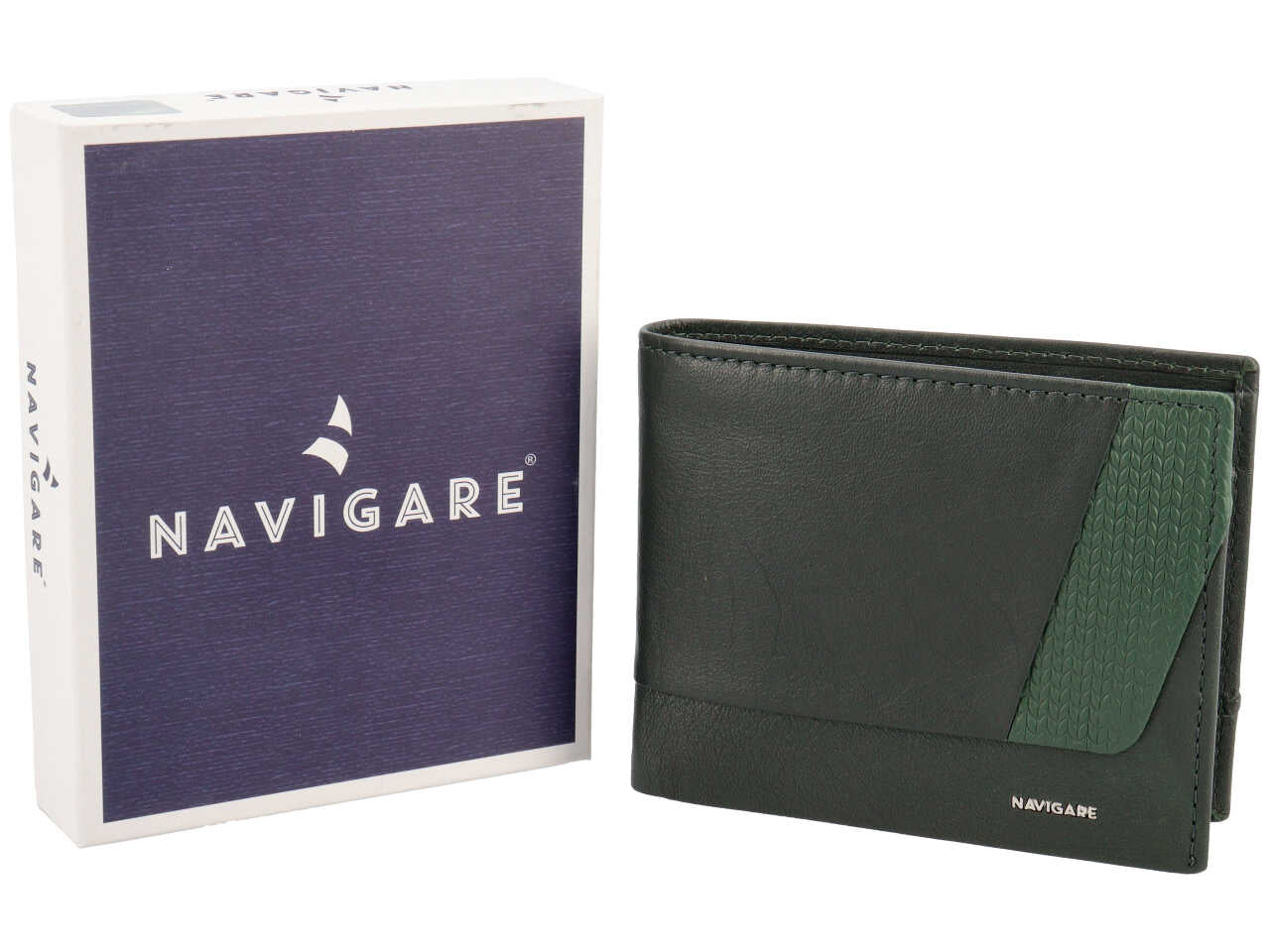 Portafoglio da uomo in pelle verde abete con portamonete e inserto decorato laterale, 10x12,5cm - Navigare