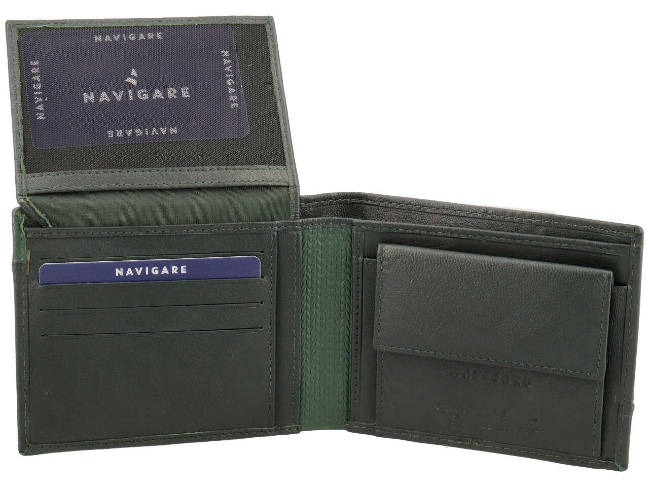 Portafoglio da uomo in pelle verde abete con portamonete e inserto decorato laterale, 10x12,5cm - Navigare
