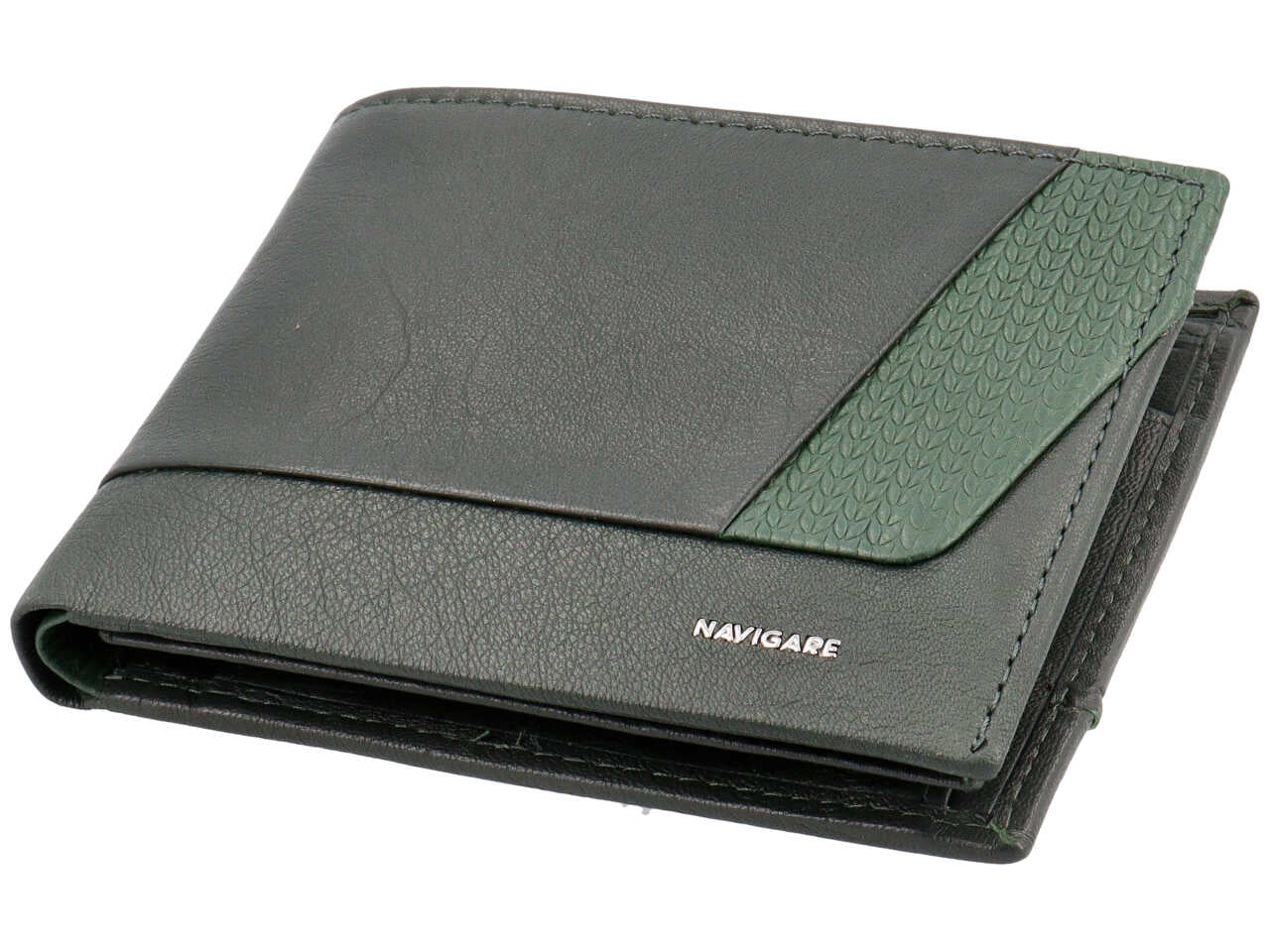 Portafoglio da uomo in pelle verde abete con portamonete e inserto decorato laterale, 10x12,5cm - Navigare