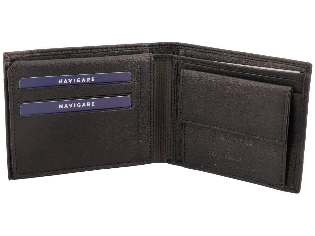 Portafoglio da uomo in pelle nero con portamonete e inserto decorato laterale, 10x12,5cm - Navigare