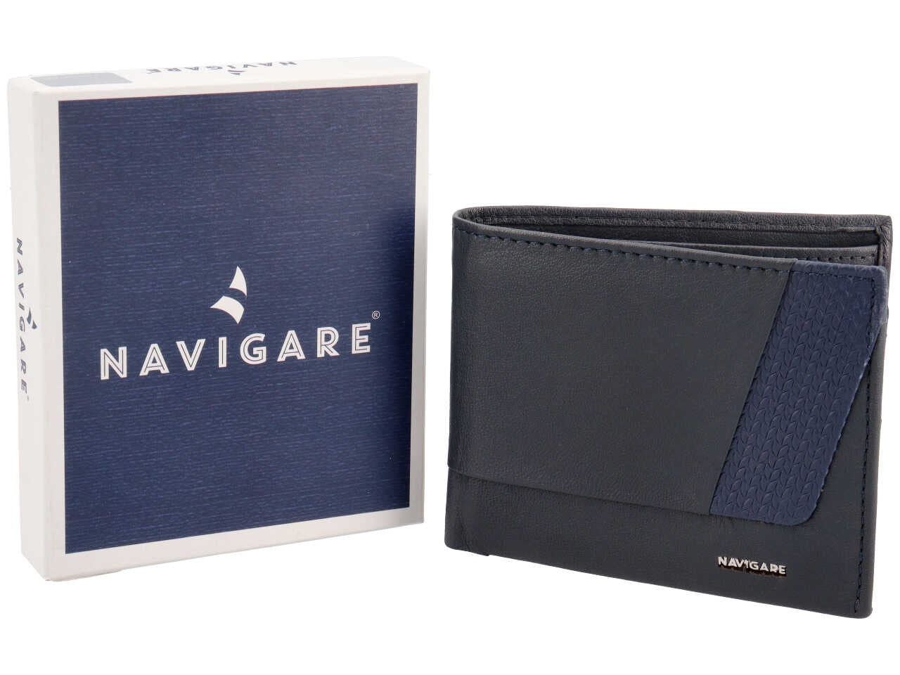 Portafoglio da uomo in pelle bicolore blu scuro con inserto decorato, 11x9 cm - Navigare