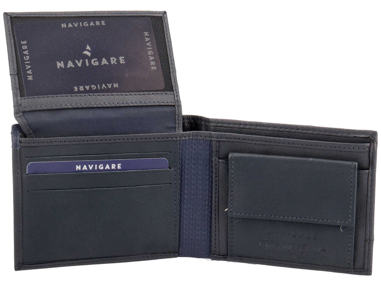 Portafoglio da uomo in pelle bicolore blu scuro con inserto decorato, 11x9 cm - Navigare