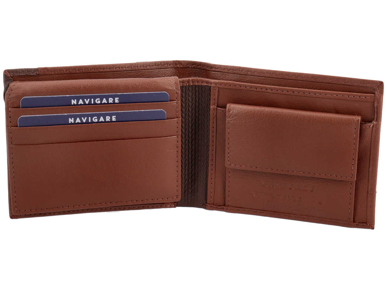 Portafoglio da uomo in pelle bicolore marrone con inserto decorato, 11x9 cm - Navigare