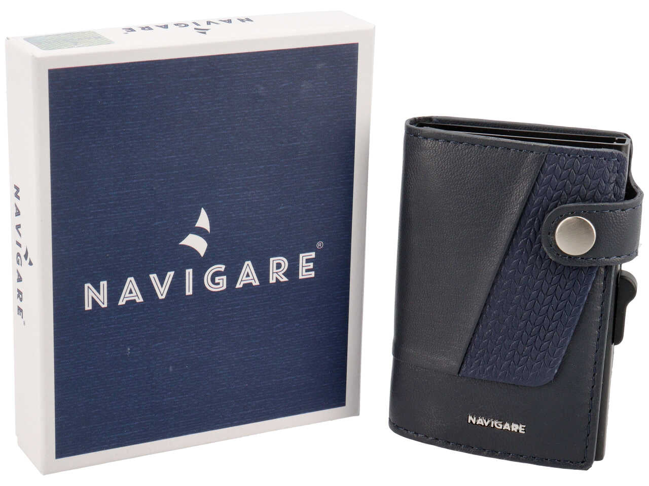 Portacarte rigido da uomo in pelle blu scuro con bottone e inserto decorato, anticlonazione, contiene fino a 6 carte, 6x9,6 cm - Navigare