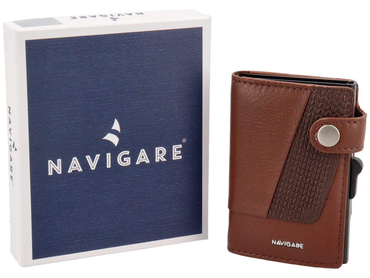Portacarte rigido da uomo in pelle marrone con bottone e inserto decorato, anticlonazione, contiene fino a 6 carte, 6x9,6 cm - Navigare