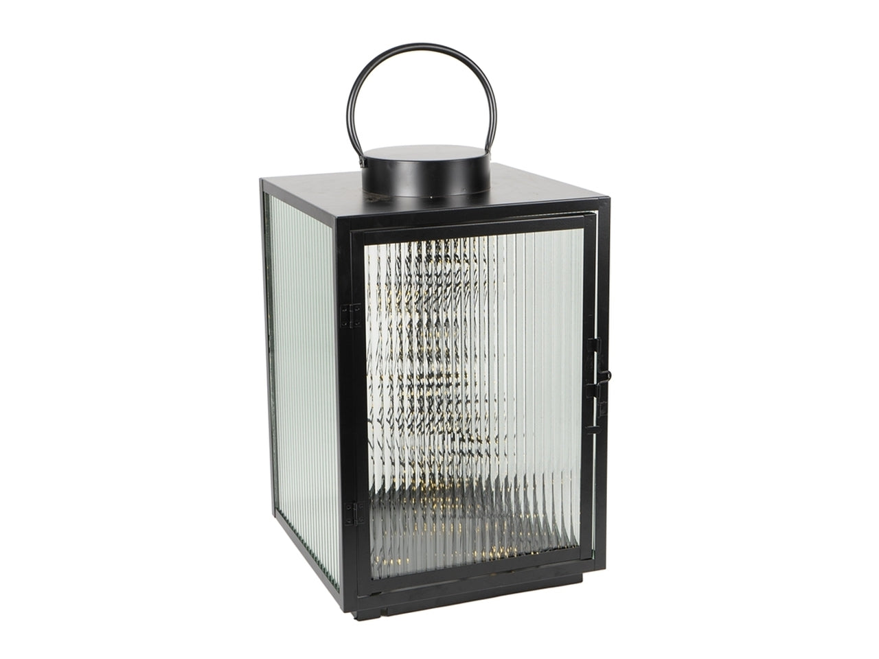 Lanterna in metallo e vetro industrial nero con catena di luci led bianco caldo 32x32x50 cm Plàthea