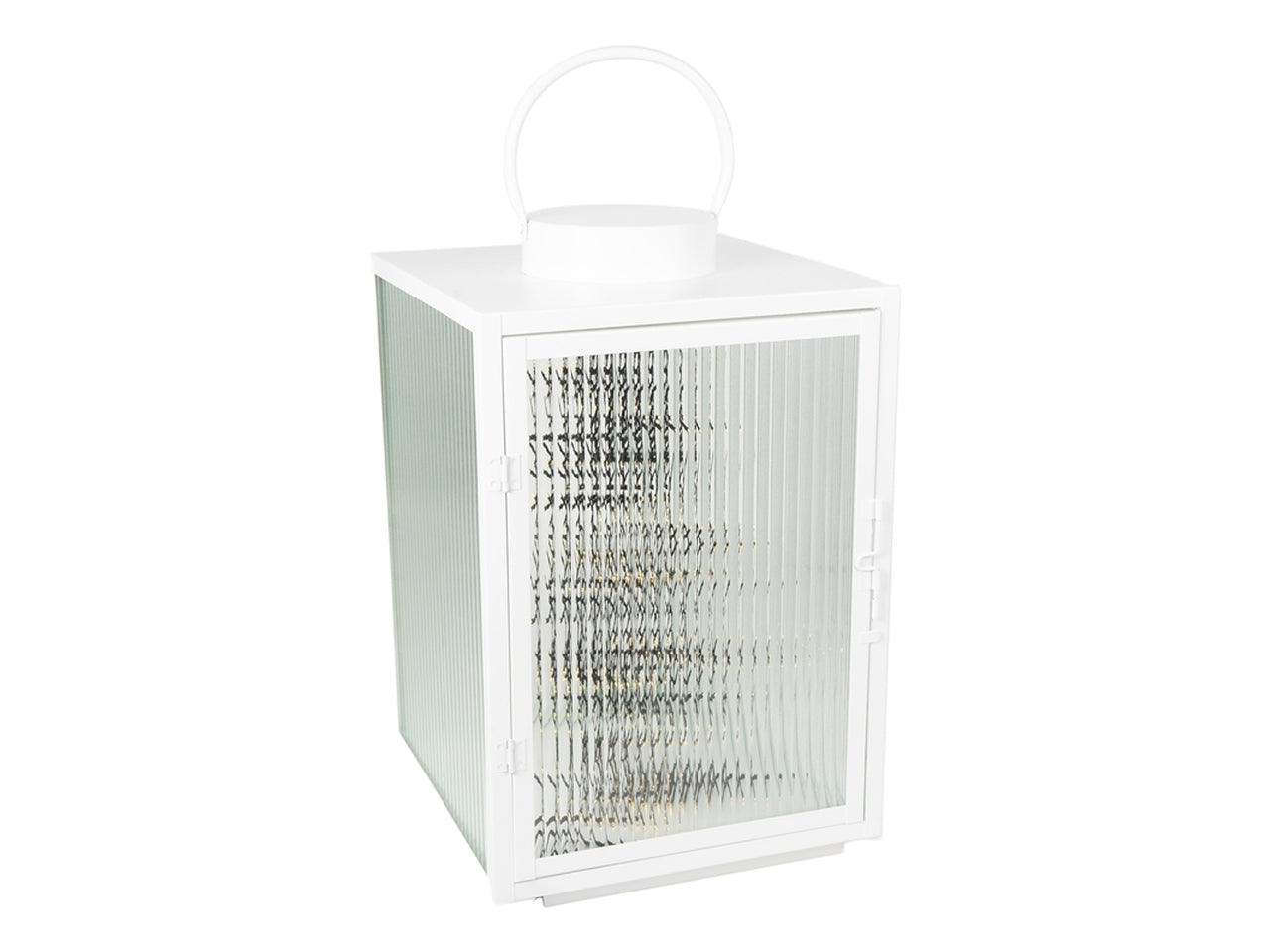 Lanterna in metallo e vetro contemporaneo bianco con catena di luci led bianco caldo 32x32x50 cm Plàthea