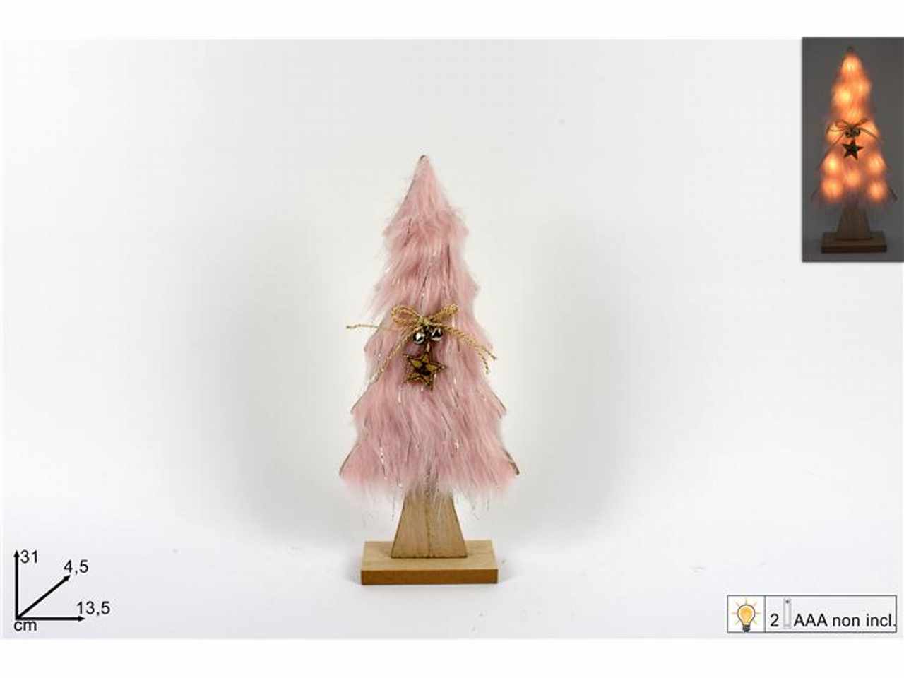 Albero di natale legno con pelliccia 31cm con luci rosa