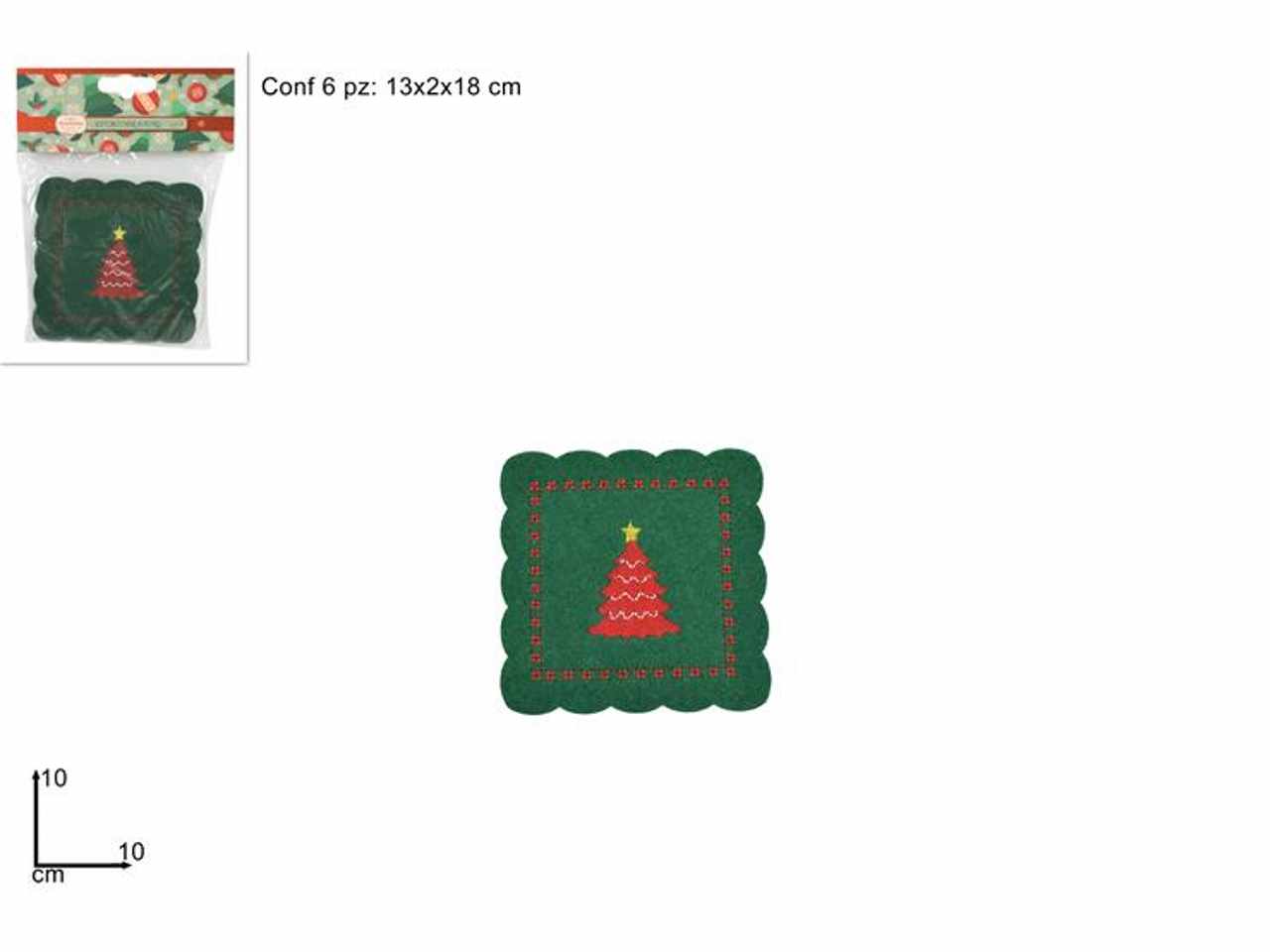 Sottobicchiere feltro verde con albero set 6 pezzi 10x10cm