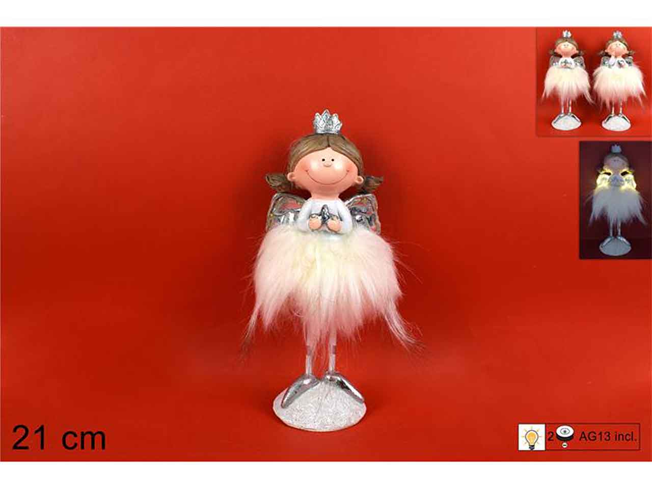 Angelo 21cm bianco con pelliccia con luce