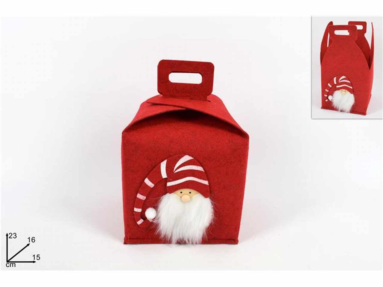 Scatola feltro rosso 15cm con viso gnomo di natale