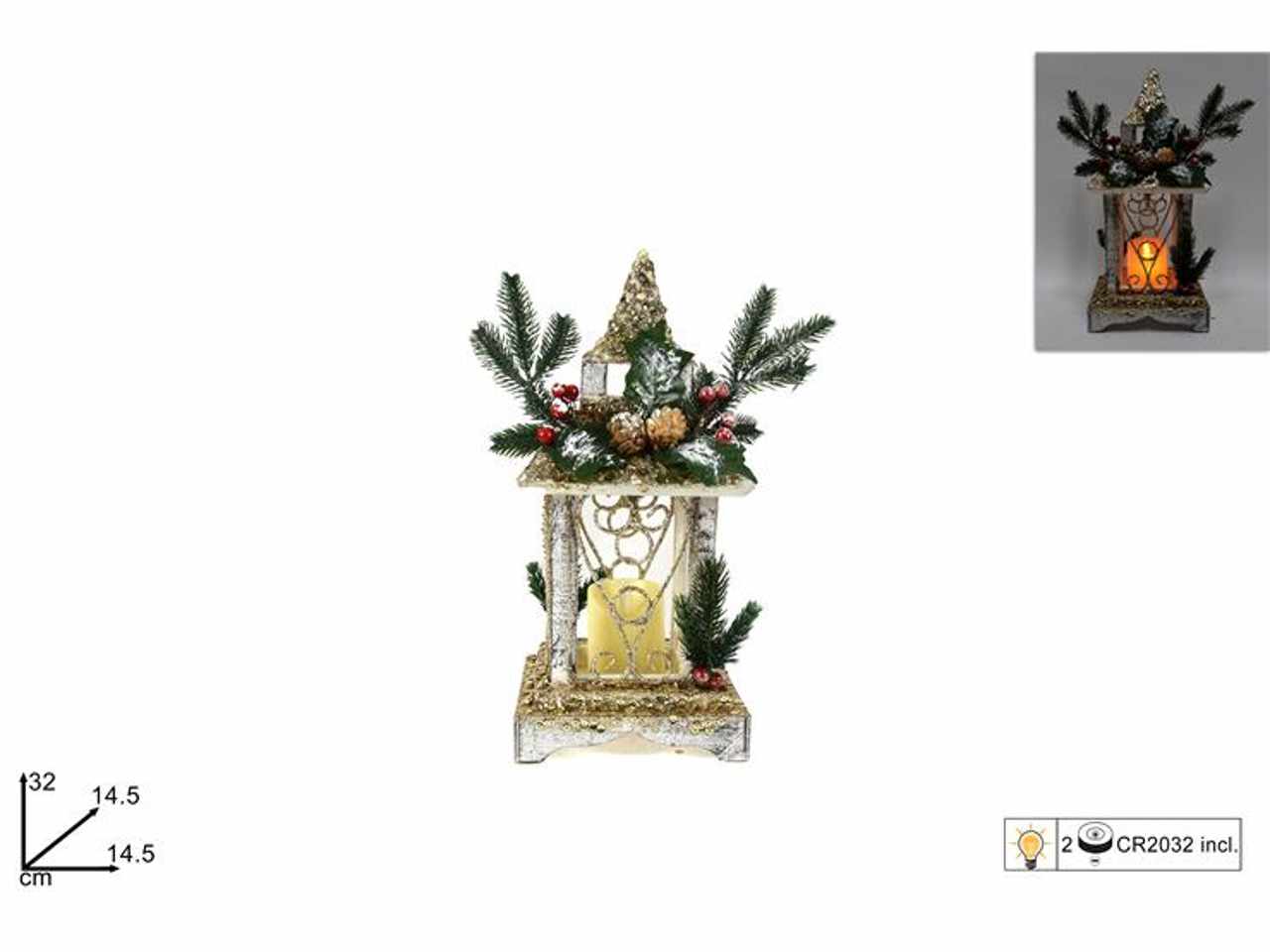 Lanterna legno oro con paillettes con luci batteria cm32