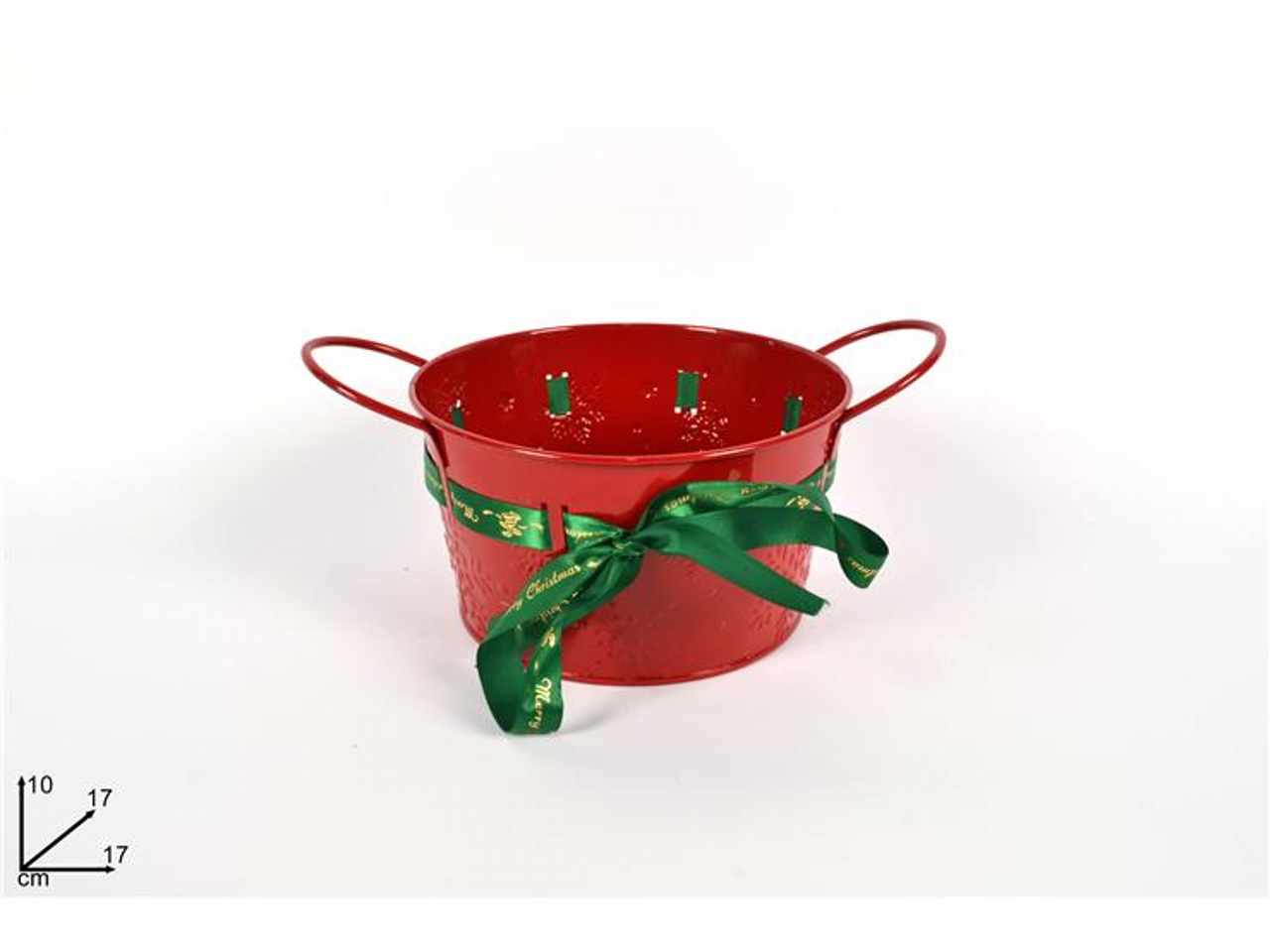 Bacinella metallo rossa con nastro natalizio 10x17x17cm