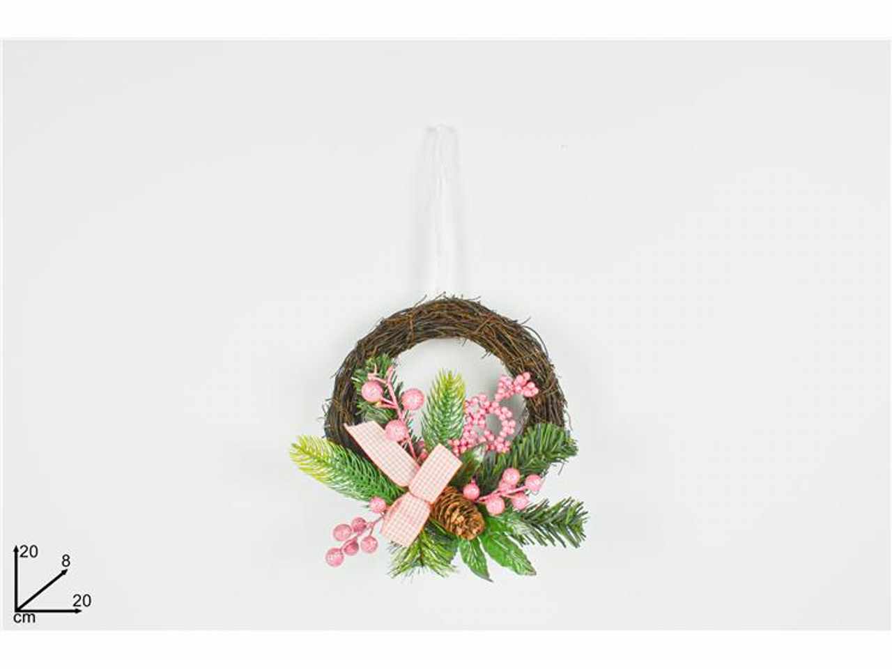 Dietroporta tondo 20cm legno bacche rosa+fiocco rosa