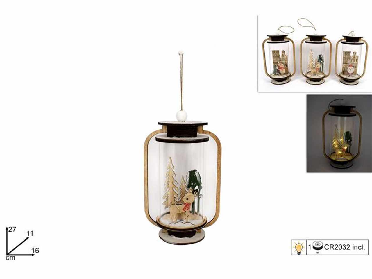 Lanterna legno con scenario natalizio con luci batteria 22,5x11x12,5cm