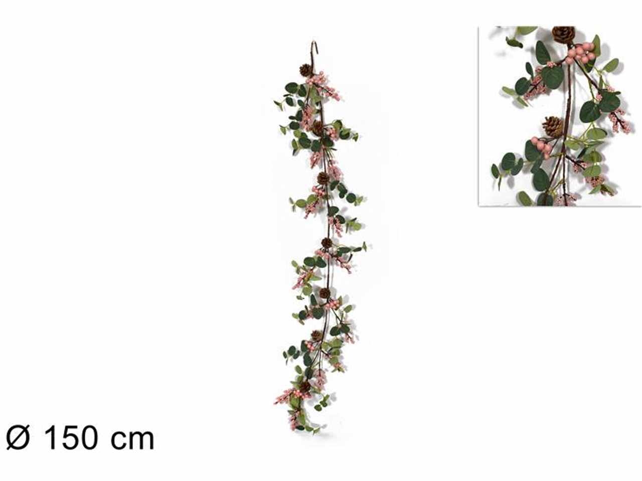 Ghirlanda con bacche rosa e pigne 150cm