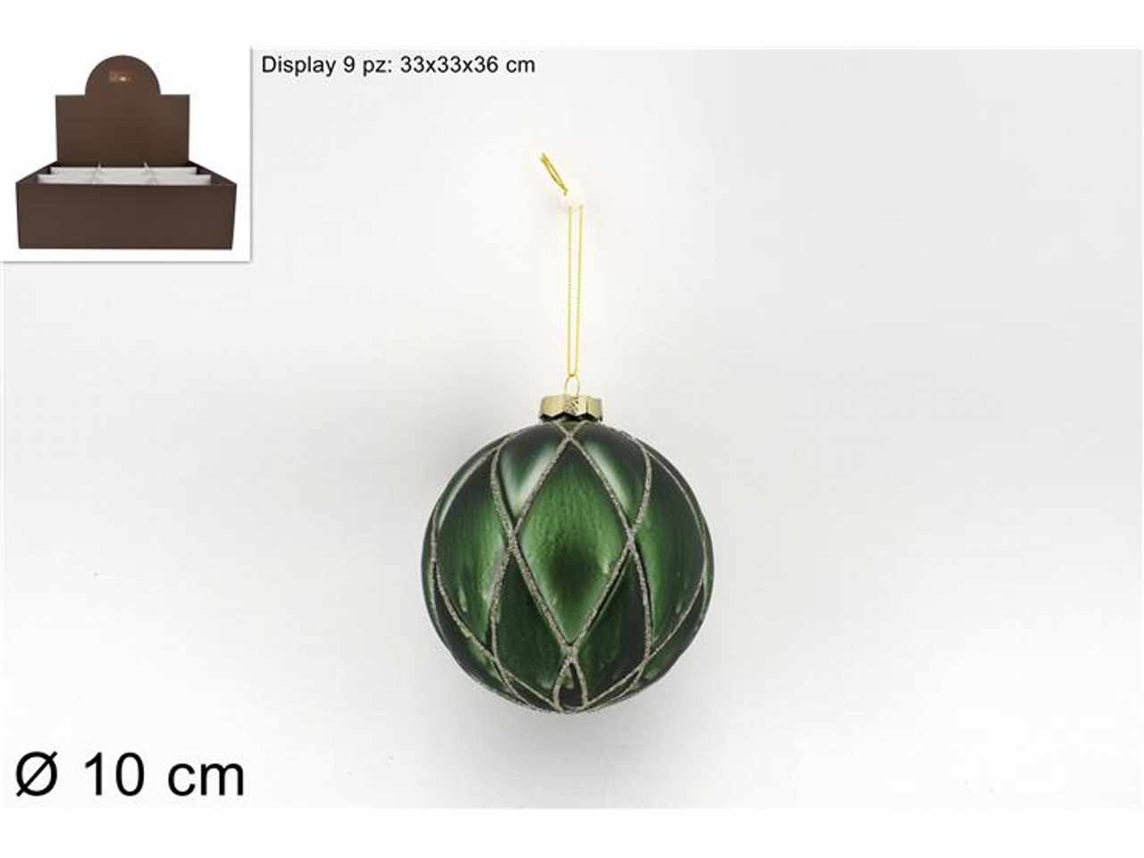 Palla vetro d.10cm rombiverde con filo glitter