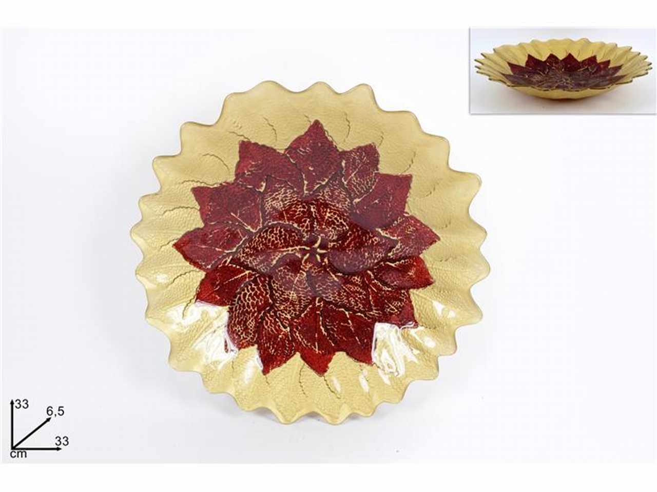 Centrotavola vetro 33cm oro fiore rosso