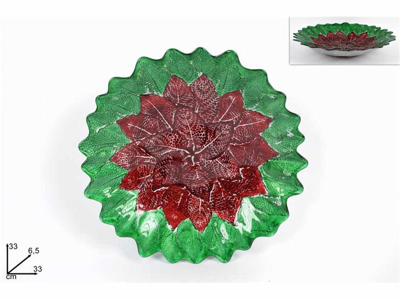 Centrotavola vetro 33cm verde fiore rosso