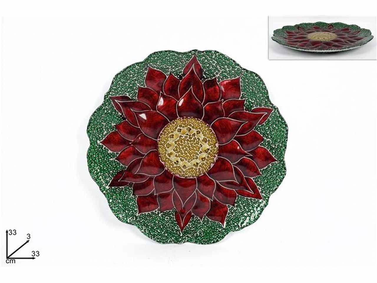 Piatto vetro 33cm verde fiore rosso