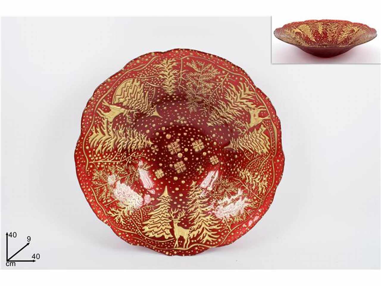 Centrotavola vetro natalizio 40cm rosso decoro oro