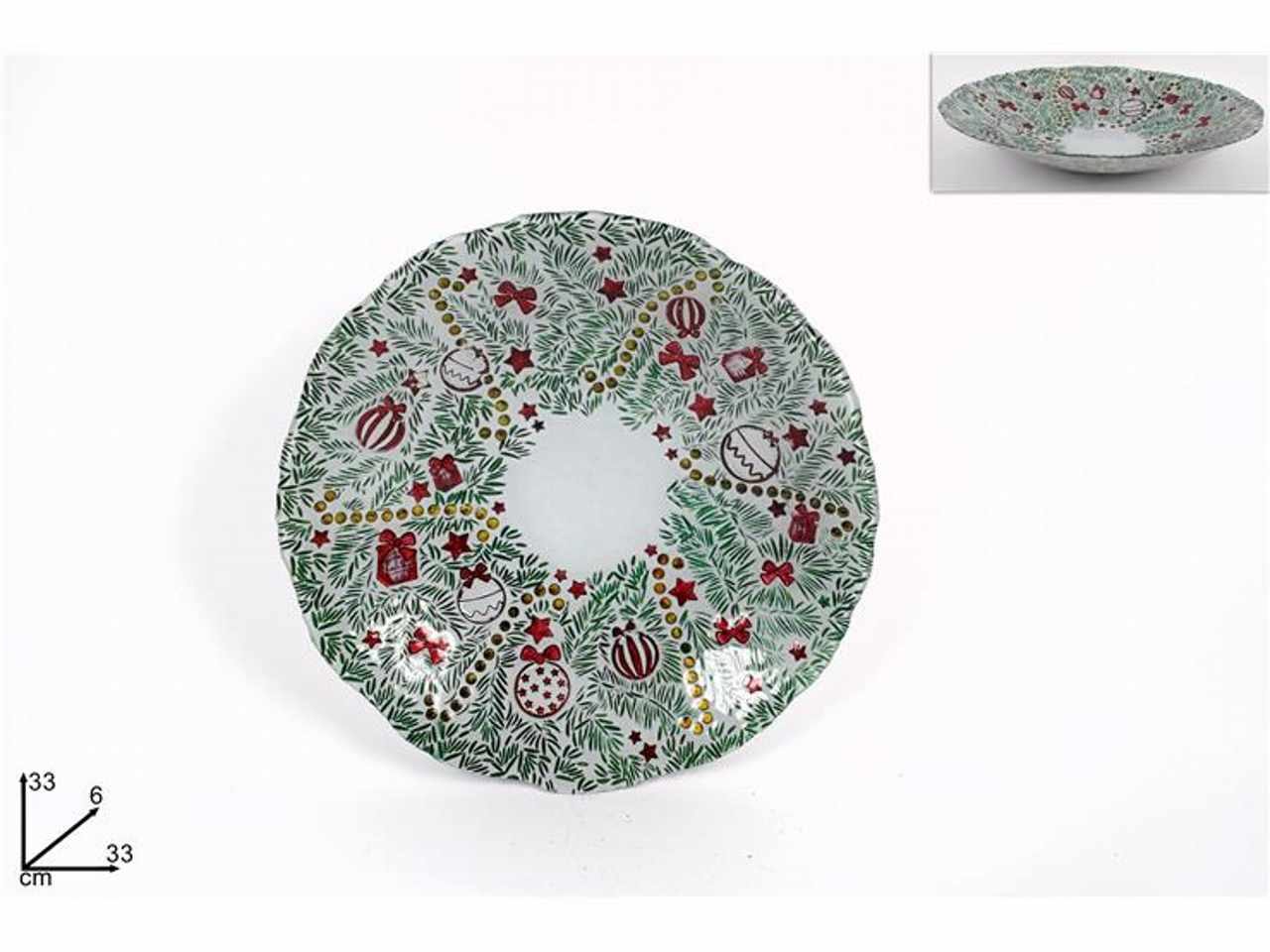 Centrotavola vetro natalalizio 33cm bianco con ghirlanda