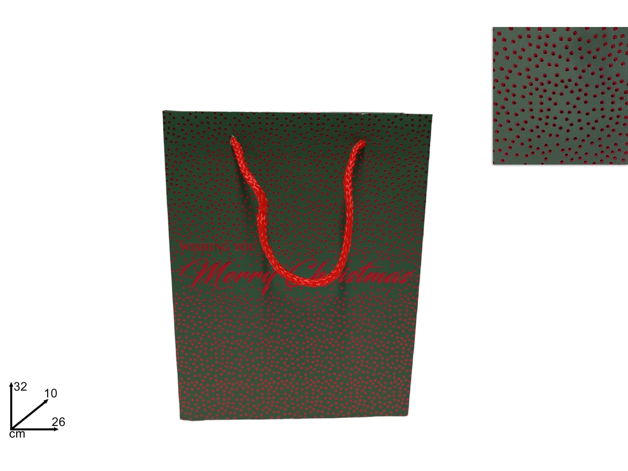 Busta regalo natalizia verde con borchie rosse 32x26x10cm