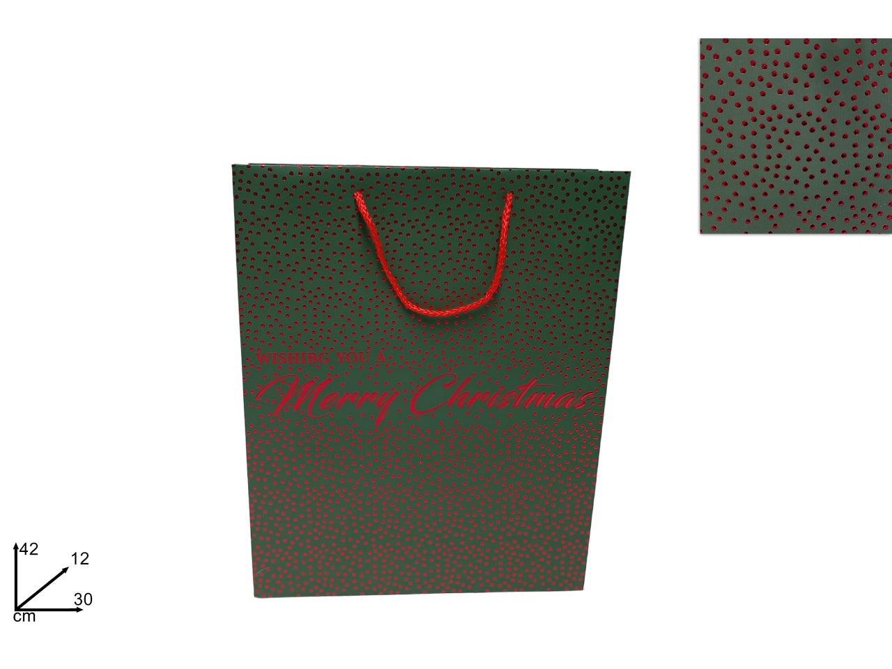 Busta regalo natalizia verde con borchie rosse 42x30x12cm