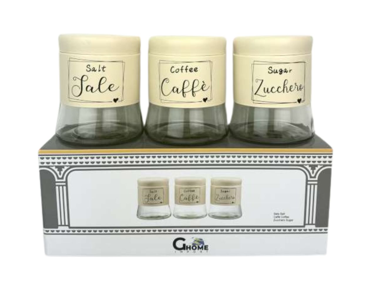 Tris barattoli 750ml caffe', zucchero e sale crema