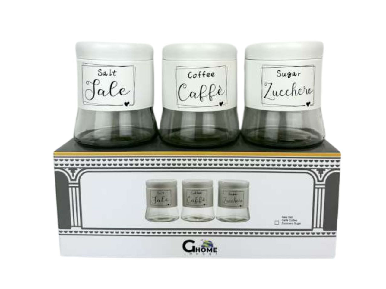 Tris barattoli 750ml caffe', zucchero e sale bianco