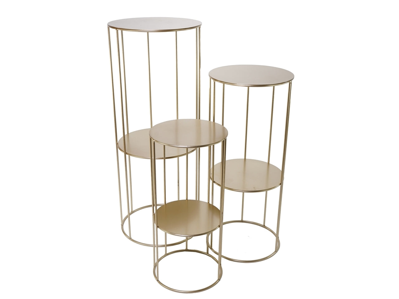 Set 3 tavolini art dèco in metallo dorato con piano rotondo e base a pilastro centrale - piccolo: 21x45 cm, medio: 24,5x57 cm, grande: 28x70 cm - Plàthea