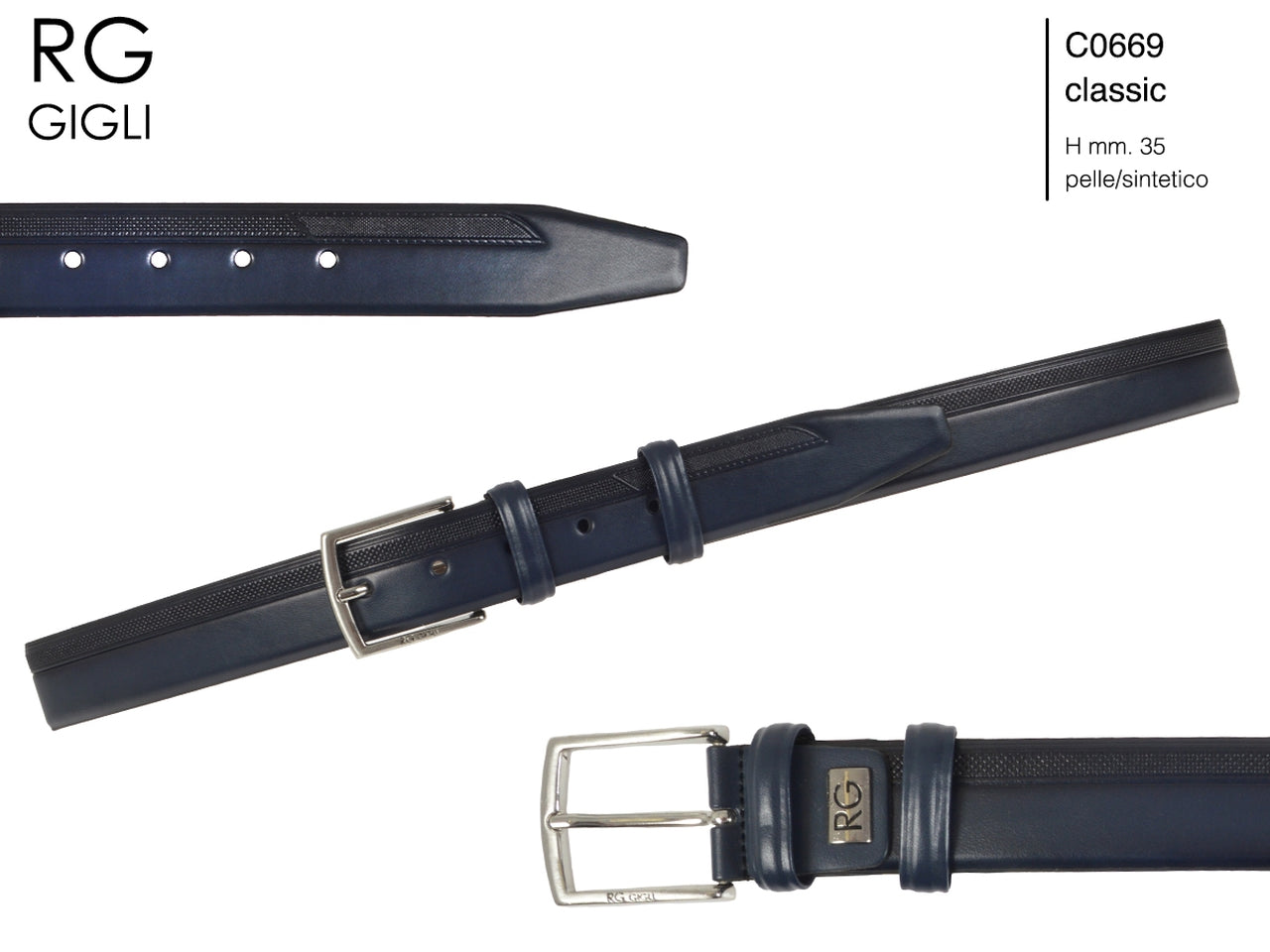 Cintura uomo Romeo Gigli blu in pelle sintetica con fibbia in metallo grigio opaco da 35 mm, taglia unica