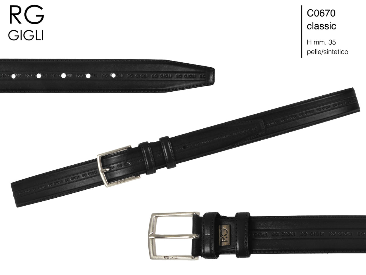 Cintura uomo Romeo Gigli nero in pelle sintetica con fibbia in metallo grigio opaco da 40 mm, taglia unica
