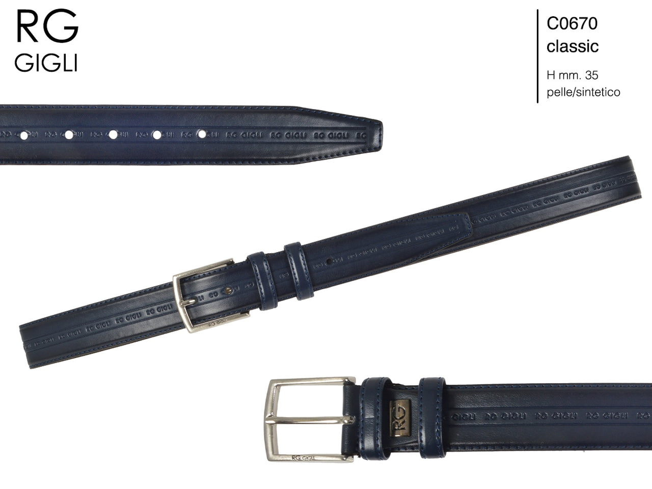 Cintura uomo Romeo Gigli blu in pelle sintetica con fibbia in metallo grigio opaco da 40 mm, taglia unica