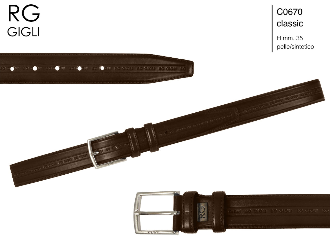 Cintura uomo Romeo Gigli marrone in pelle sintetica con fibbia in metallo grigio opaco da 40 mm, taglia unica