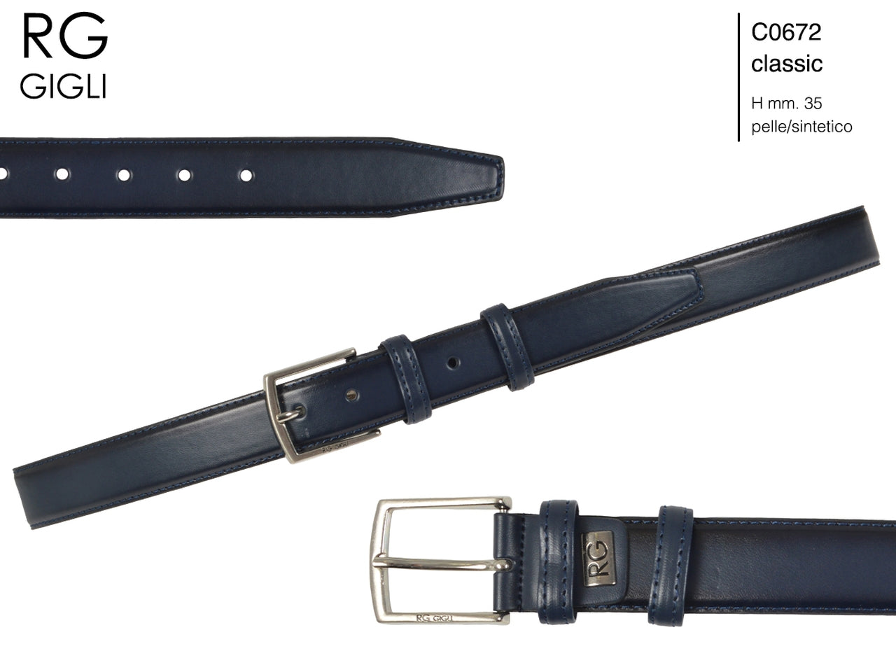 Cintura uomo Romeo Gigli blu in pelle sintetica con fibbia in metallo grigio opaco da 35 mm, taglia unica