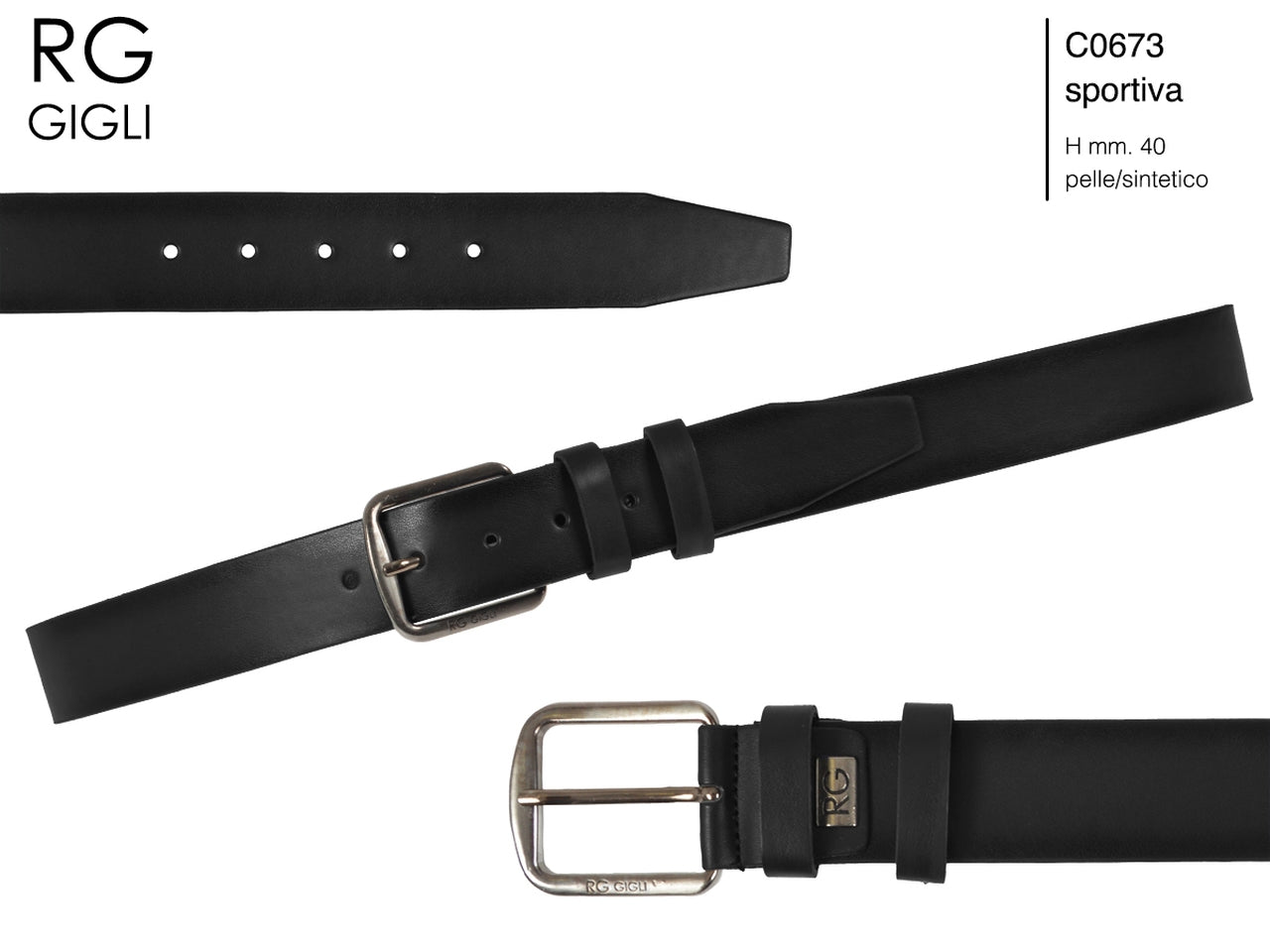 Cintura uomo Romeo Gigli nero in pelle sintetica con fibbia in metallo grigio opaco da 40 mm, taglia unica