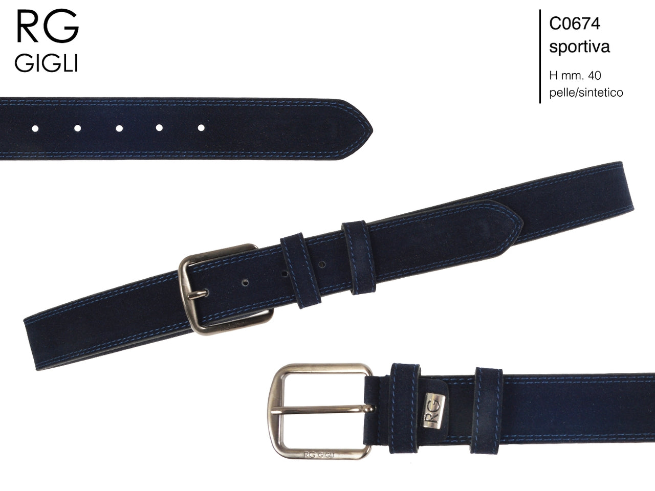 Cintura uomo Romeo Gigli blu in pelle scamosciata sintetica con fibbia in metallo grigio opaco da 40 mm, taglia unica