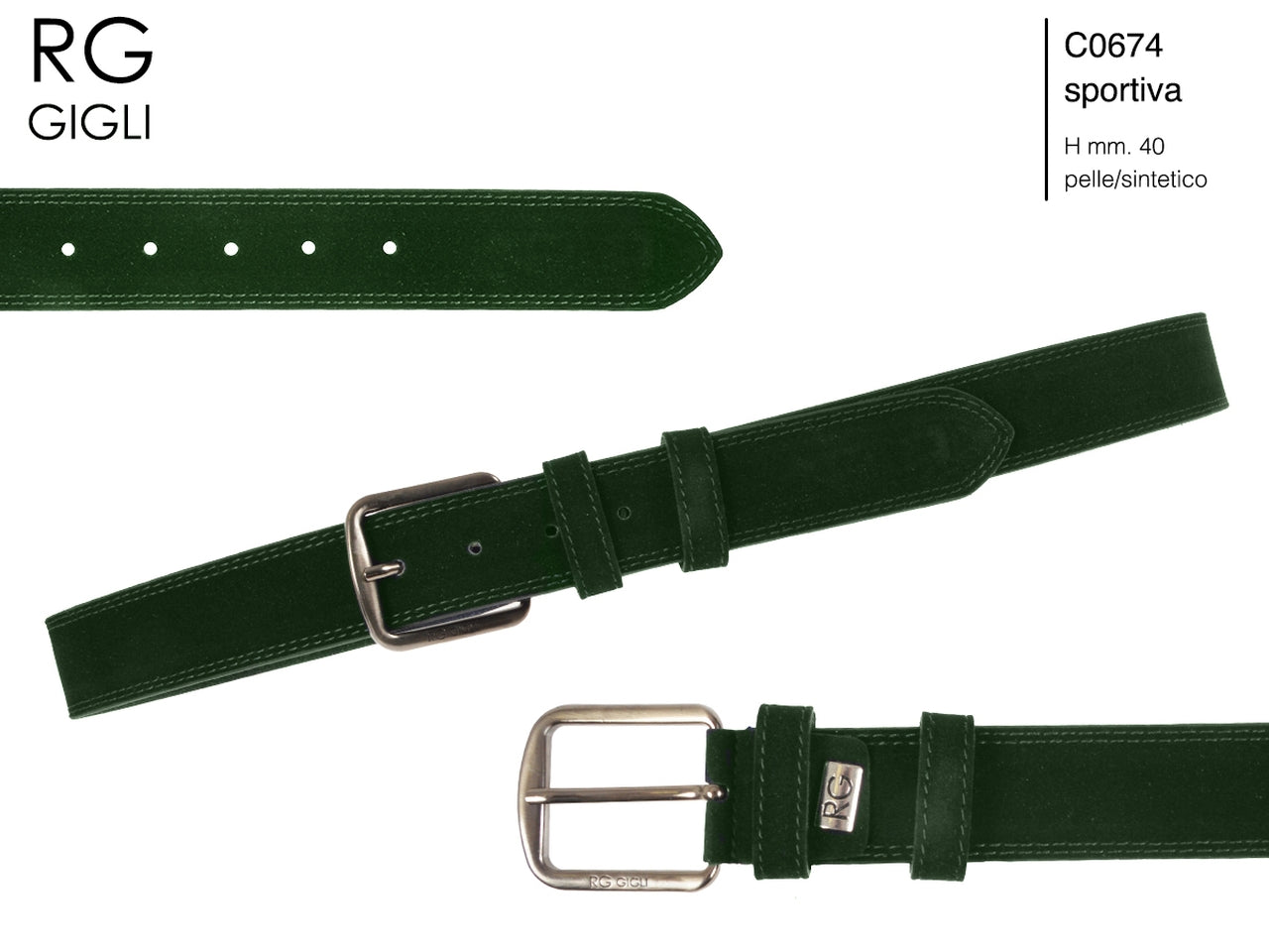 Cintura uomo Romeo Gigli verde in pelle scamosciata sintetica con fibbia in metallo grigio opaco da 40 mm, taglia unica