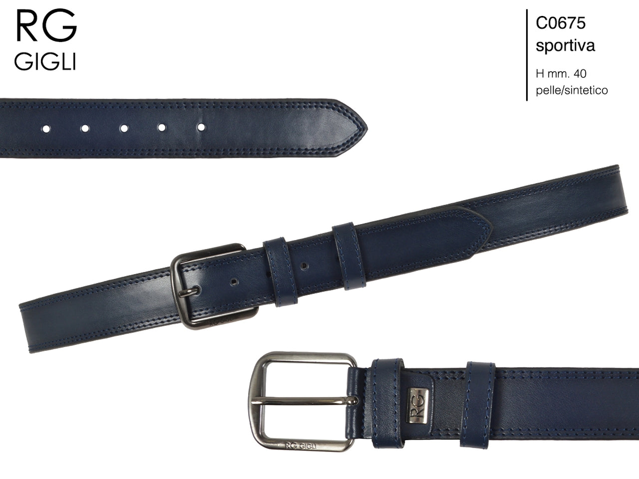 Cintura uomo Romeo Gigli blu in pelle sintetica con fibbia in metallo grigio opaco da 40 mm, taglia unica