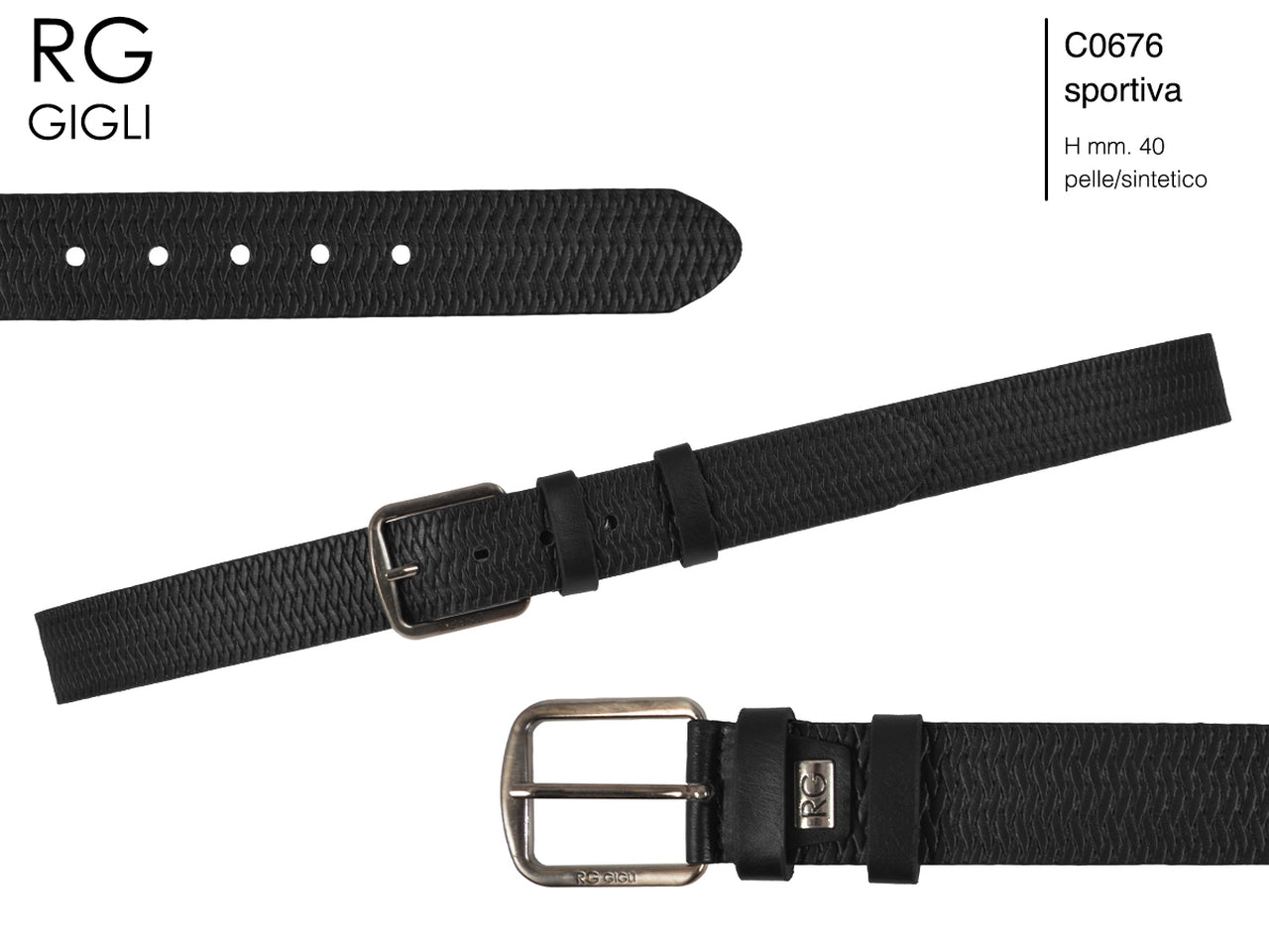 Cintura uomo Romeo Gigli nero in pelle sintetica con fibbia in metallo grigio opaco da 40 mm, taglia unica