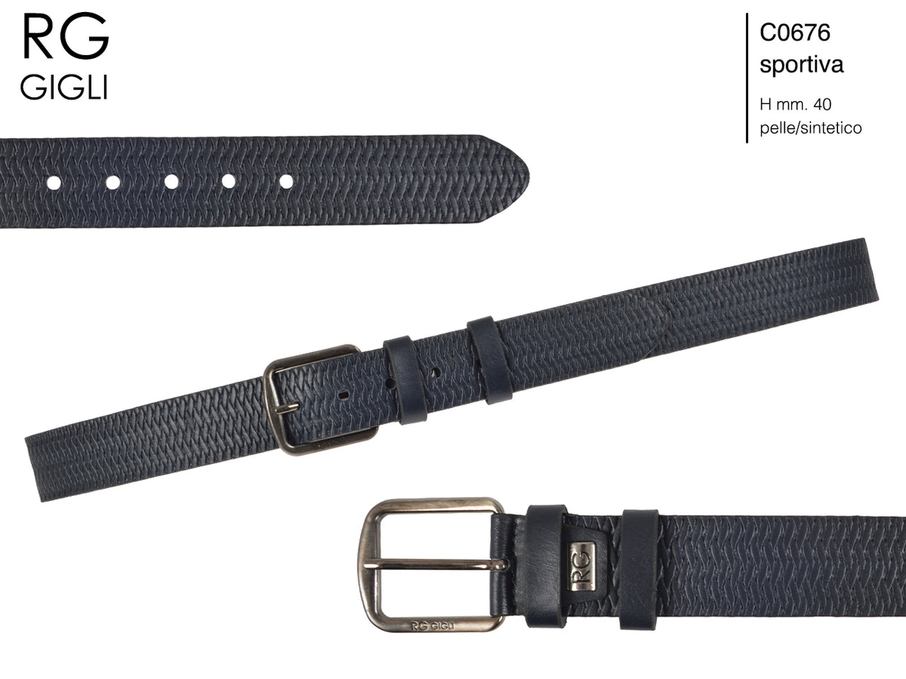 Cintura uomo Romeo Gigli blu in pelle sintetica con fibbia in metallo grigio opaco da 40 mm, taglia unica