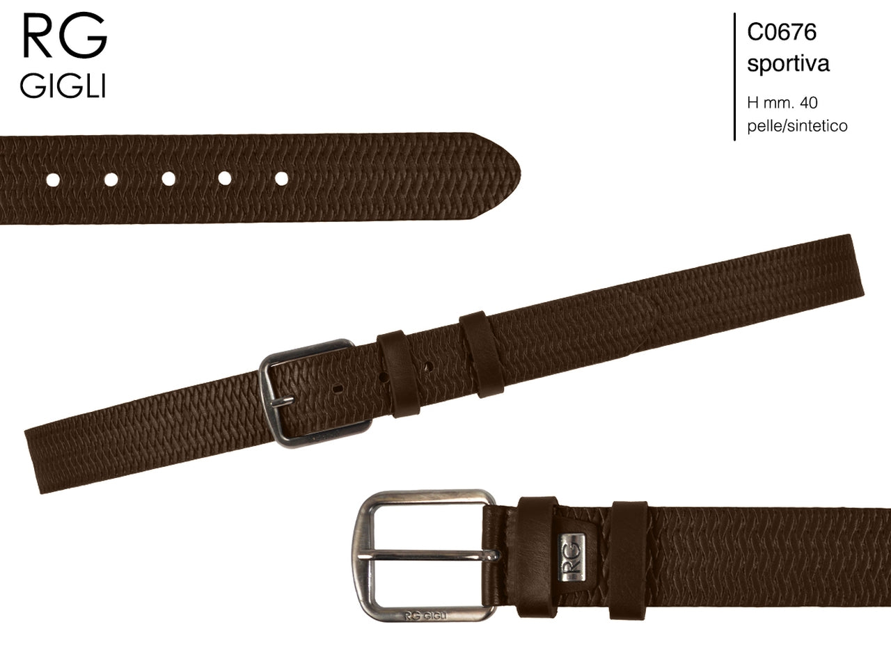 Cintura uomo Romeo Gigli marrone in pelle sintetica con fibbia in metallo grigio opaco da 40 mm, taglia unica