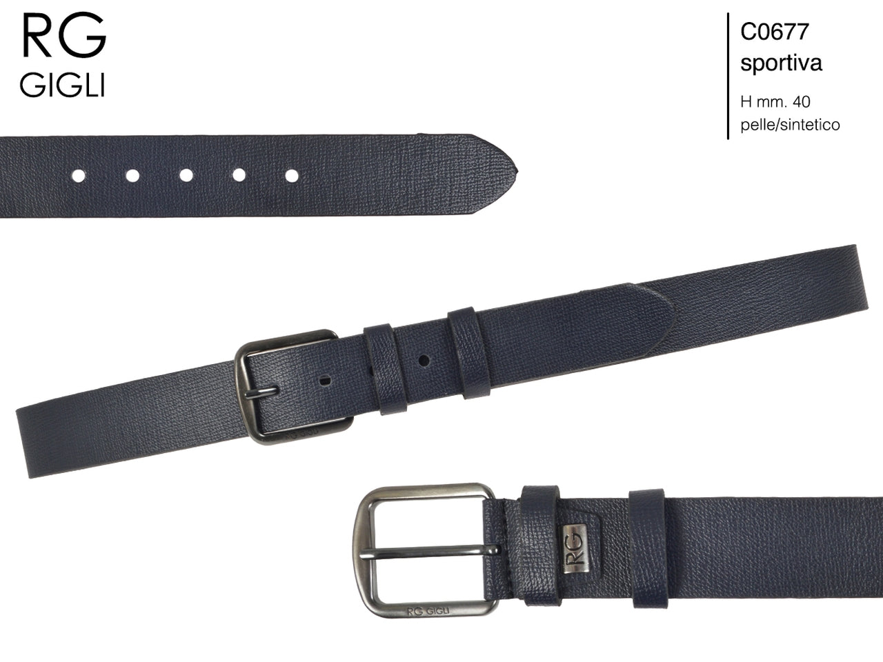 Cintura uomo Romeo Gigli blu in pelle sintetica con fibbia in metallo grigio opaco da 40 mm, taglia unica