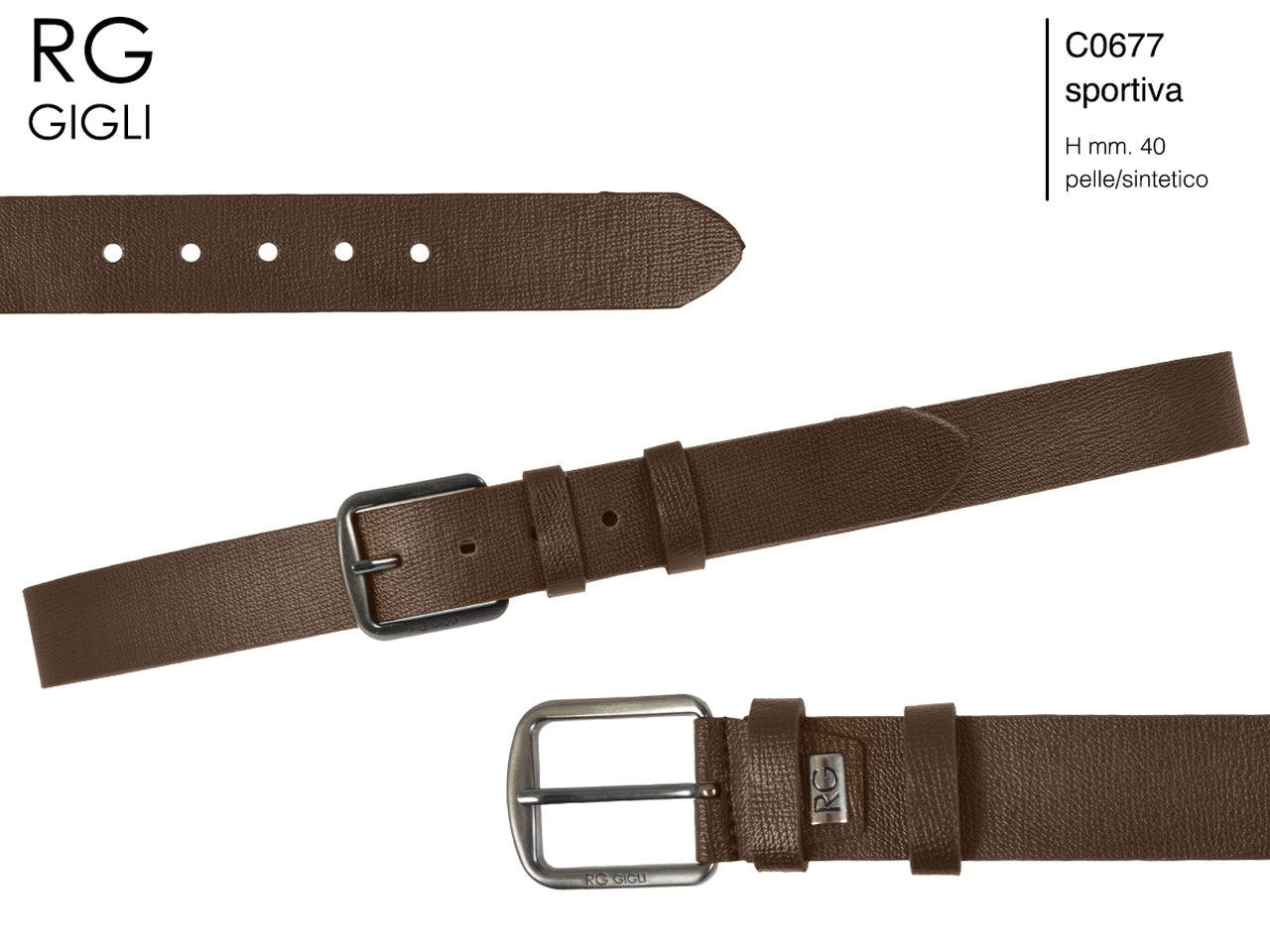 Cintura uomo Romeo Gigli marrone in pelle sintetica con fibbia in metallo grigio opaco da 40 mm, taglia unica