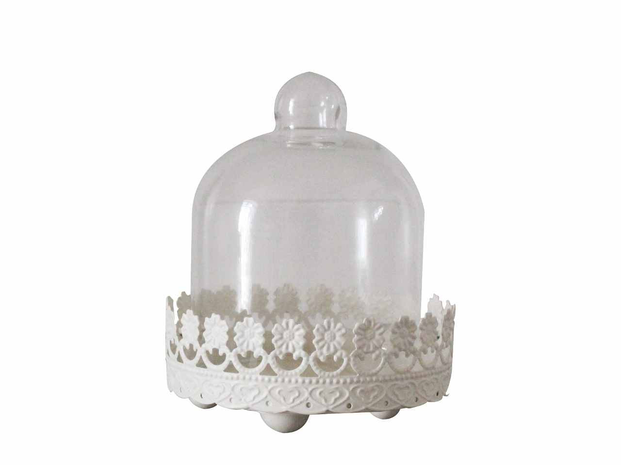 Alzatina in ferro battuto con cupola in vetro, color crema , misure articolo: d.11x h.14cm, base d.11 x h.4cm, cupola: d.10 x h.13cm