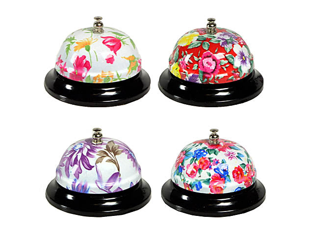 Campanello da banco in metallo con decori floreali in 4 assortimenti 8,5xh.6cm