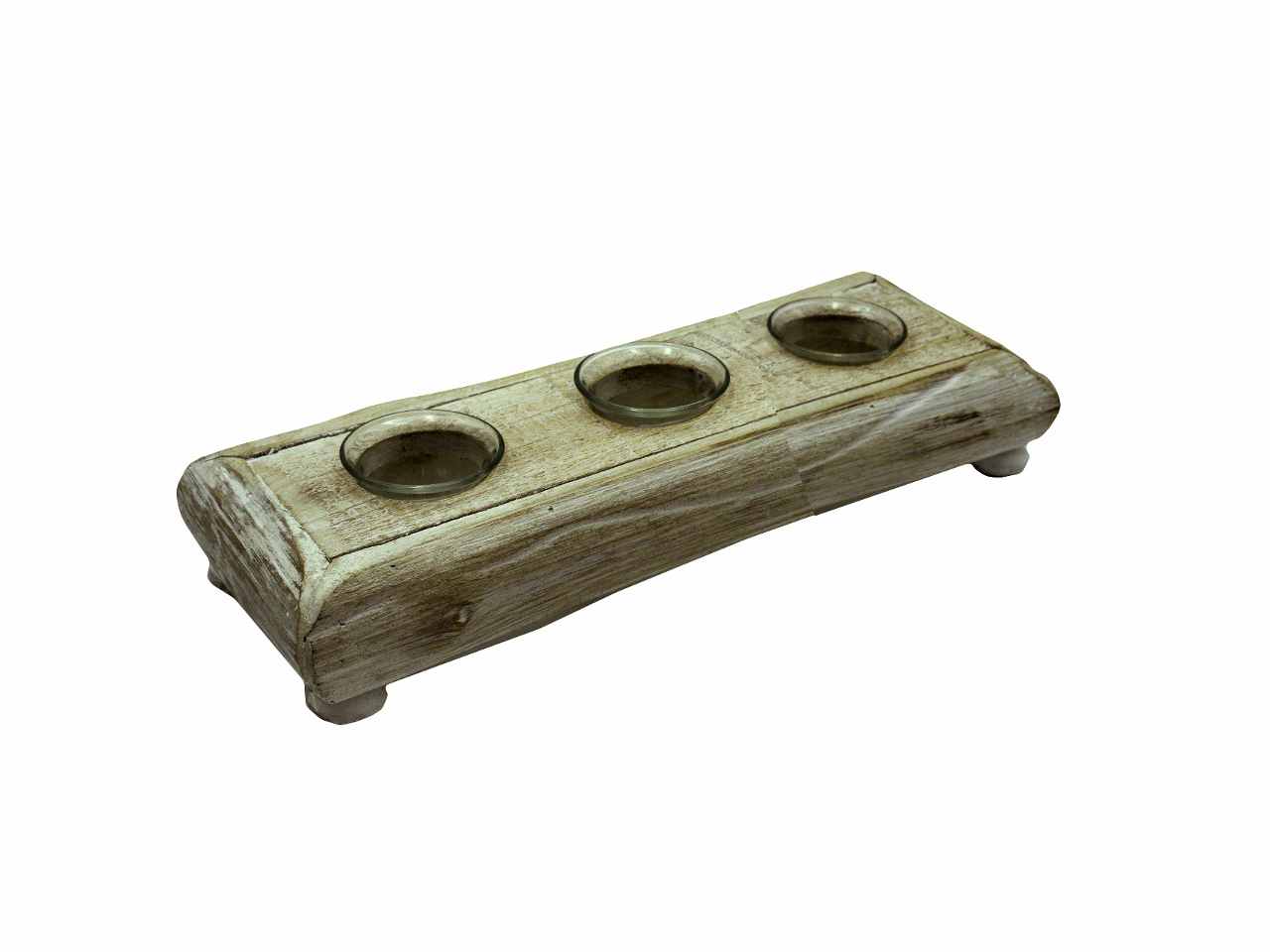 Portacandele in legno sbiancato con 3 posti 35x12xh.7cm